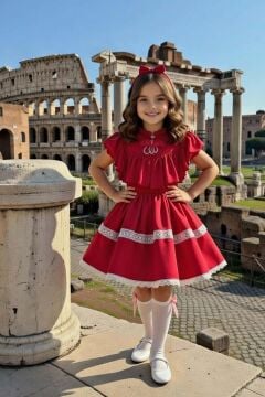 Kız Çocuk Göğsü ve Omuzları Fırfırlı Eteği Piliseli Dantel Şerit Detaylı Kolsuz Kırmızı Elbise