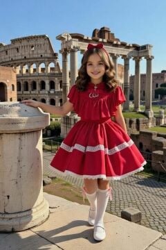 Kız Çocuk Göğsü ve Omuzları Fırfırlı Eteği Piliseli Dantel Şerit Detaylı Kolsuz Kırmızı Elbise