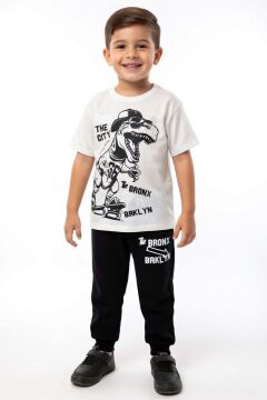 Erkek Çocuk Üzeri Yazı ve Kaykay Dino Baskılı Bileği Manşetli Siyah Pijama Takımı