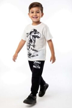 Erkek Çocuk Üzeri Yazı ve Kaykay Dino Baskılı Bileği Manşetli Siyah Pijama Takımı