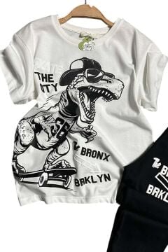 Erkek Çocuk Üzeri Yazı ve Kaykay Dino Baskılı Bileği Manşetli Siyah Pijama Takımı