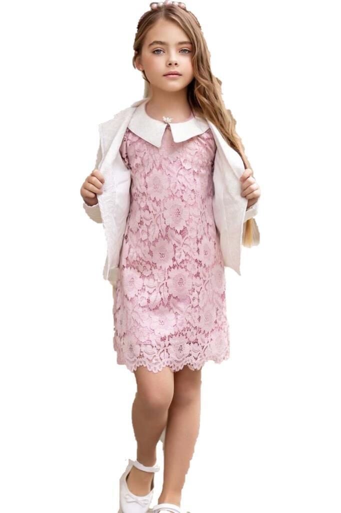 Kız Çocuk Sahte Cepli Blazer Ceket Dantelli Çiçek Işlemeli Bebe Yakalı Pembe Elbise