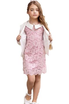 Kız Çocuk Sahte Cepli Blazer Ceket Dantelli Çiçek Işlemeli Bebe Yakalı Pembe Elbise
