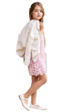 Kız Çocuk Sahte Cepli Blazer Ceket Dantelli Çiçek Işlemeli Bebe Yakalı Pembe Elbise