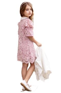 Kız Çocuk Sahte Cepli Blazer Ceket Dantelli Çiçek Işlemeli Bebe Yakalı Pembe Elbise