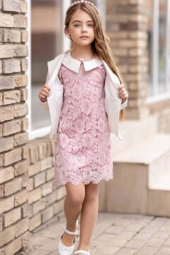 Kız Çocuk Sahte Cepli Blazer Ceket Dantelli Çiçek Işlemeli Bebe Yakalı Pembe Elbise