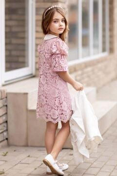 Kız Çocuk Sahte Cepli Blazer Ceket Dantelli Çiçek Işlemeli Bebe Yakalı Pembe Elbise