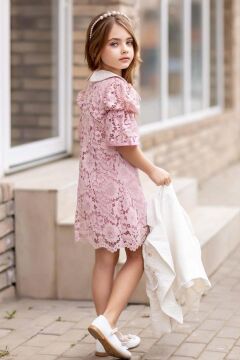 Kız Çocuk Sahte Cepli Blazer Ceket Dantelli Çiçek Işlemeli Bebe Yakalı Pembe Elbise