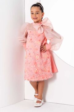 Kız Çocuk Üzeri Çiçek Pulpayet İşlemeli Omuzda Fiyonk Detaylı Şeffaf Tül Balon Kollu Somon Elbise