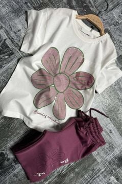 Kız Çocuk Üzeri Papatya Baskılı T-Shirt Çift Cepli Lastikli Mor Pijama Takımı