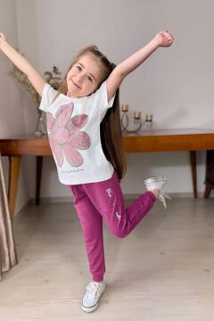 Kız Çocuk Üzeri Papatya Baskılı T-Shirt Çift Cepli Lastikli Mor Pijama Takımı