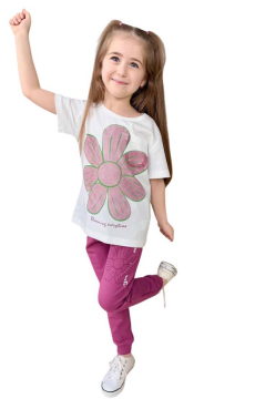 Kız Çocuk Üzeri Papatya Baskılı T-Shirt Çift Cepli Lastikli Mor Pijama Takımı