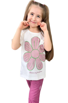 Kız Çocuk Üzeri Papatya Baskılı T-Shirt Çift Cepli Lastikli Mor Pijama Takımı