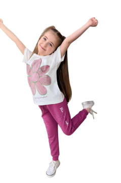 Kız Çocuk Üzeri Papatya Baskılı T-Shirt Çift Cepli Lastikli Mor Pijama Takımı