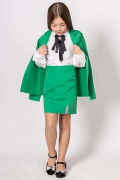 Kız Çocuk Kristal Taş Şerit Detaylı Blazer Ceket Yırtmaç Detaylı Yeşil Etekli Takım