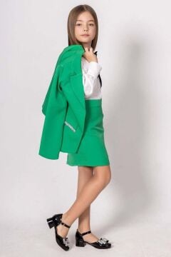 Kız Çocuk Kristal Taş Şerit Detaylı Blazer Ceket Yırtmaç Detaylı Yeşil Etekli Takım