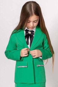 Kız Çocuk Kristal Taş Şerit Detaylı Blazer Ceket Yırtmaç Detaylı Yeşil Etekli Takım