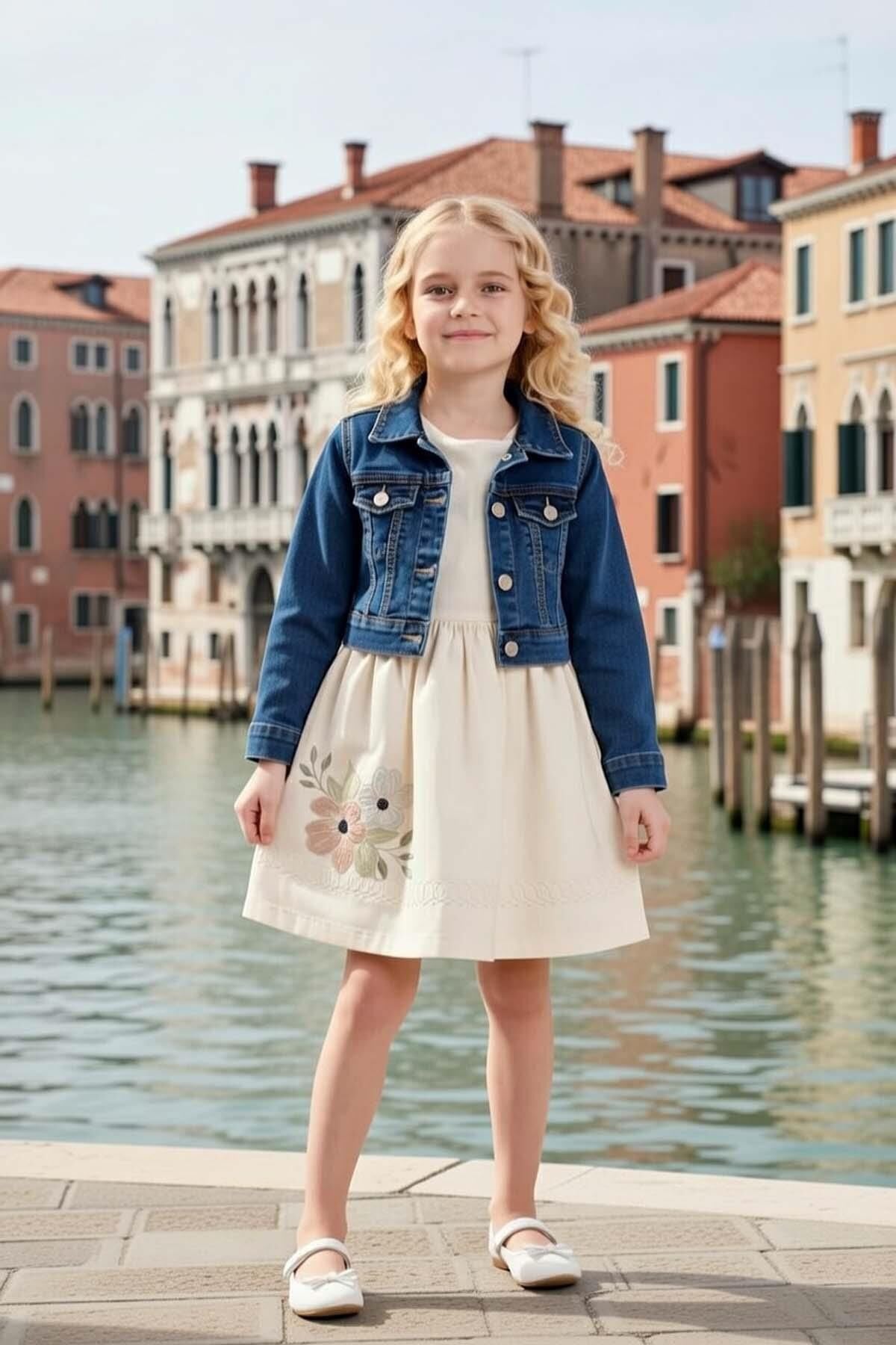 Kız Çocuk Üzeri Çiçek Nakış Detaylı Jeans Ceketli Krem Elbise