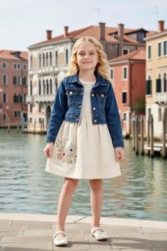 Kız Çocuk Üzeri Çiçek Nakış Detaylı Jeans Ceketli Krem Elbise