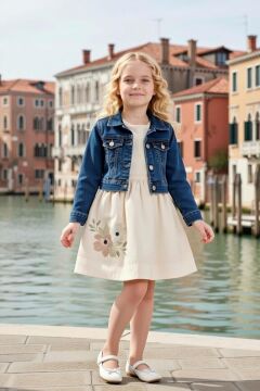 Kız Çocuk Üzeri Çiçek Nakış Detaylı Jeans Ceketli Krem Elbise