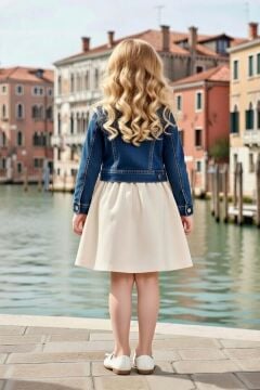 Kız Çocuk Üzeri Çiçek Nakış Detaylı Jeans Ceketli Krem Elbise