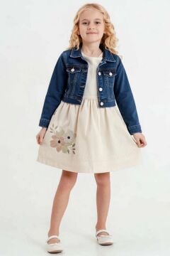 Kız Çocuk Üzeri Çiçek Nakış Detaylı Jeans Ceketli Krem Elbise