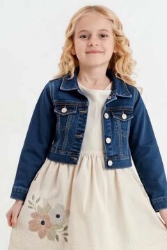Kız Çocuk Üzeri Çiçek Nakış Detaylı Jeans Ceketli Krem Elbise