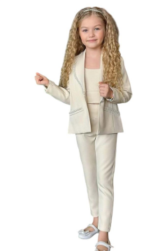 Kız Çocuk Yaka Kenarları İnci Taş İşlemeli Blazer Ceket Kolsuz Penye Crop Krem Alt Üst Takım