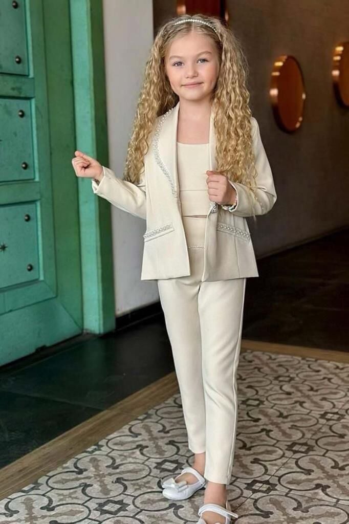 Kız Çocuk Yaka Kenarları İnci Taş İşlemeli Blazer Ceket Kolsuz Penye Crop Krem Alt Üst Takım