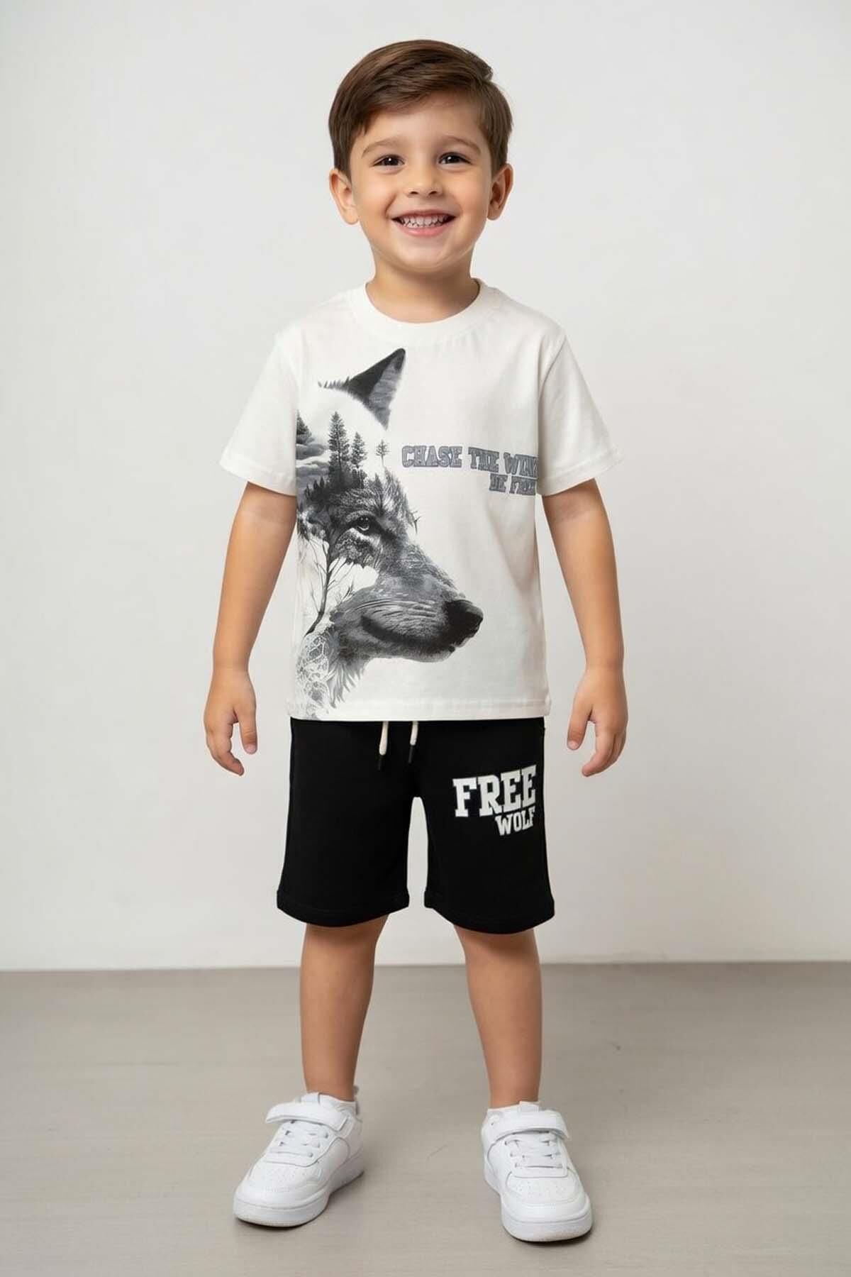 Erkek Çocuk Kurt Detaylı Üzeri Wolf Yazı Baskılı Siyah Şortlu Takım
