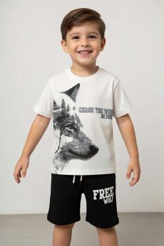 Erkek Çocuk Kurt Detaylı Üzeri Wolf Yazı Baskılı Siyah Şortlu Takım