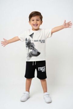 Erkek Çocuk Kurt Detaylı Üzeri Wolf Yazı Baskılı Siyah Şortlu Takım