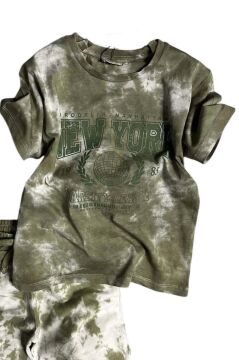 Erkek Çocuk New York Yazı Baskı ve Batık Desenli Penye T-Shirt Yeşil Şortlu Takım