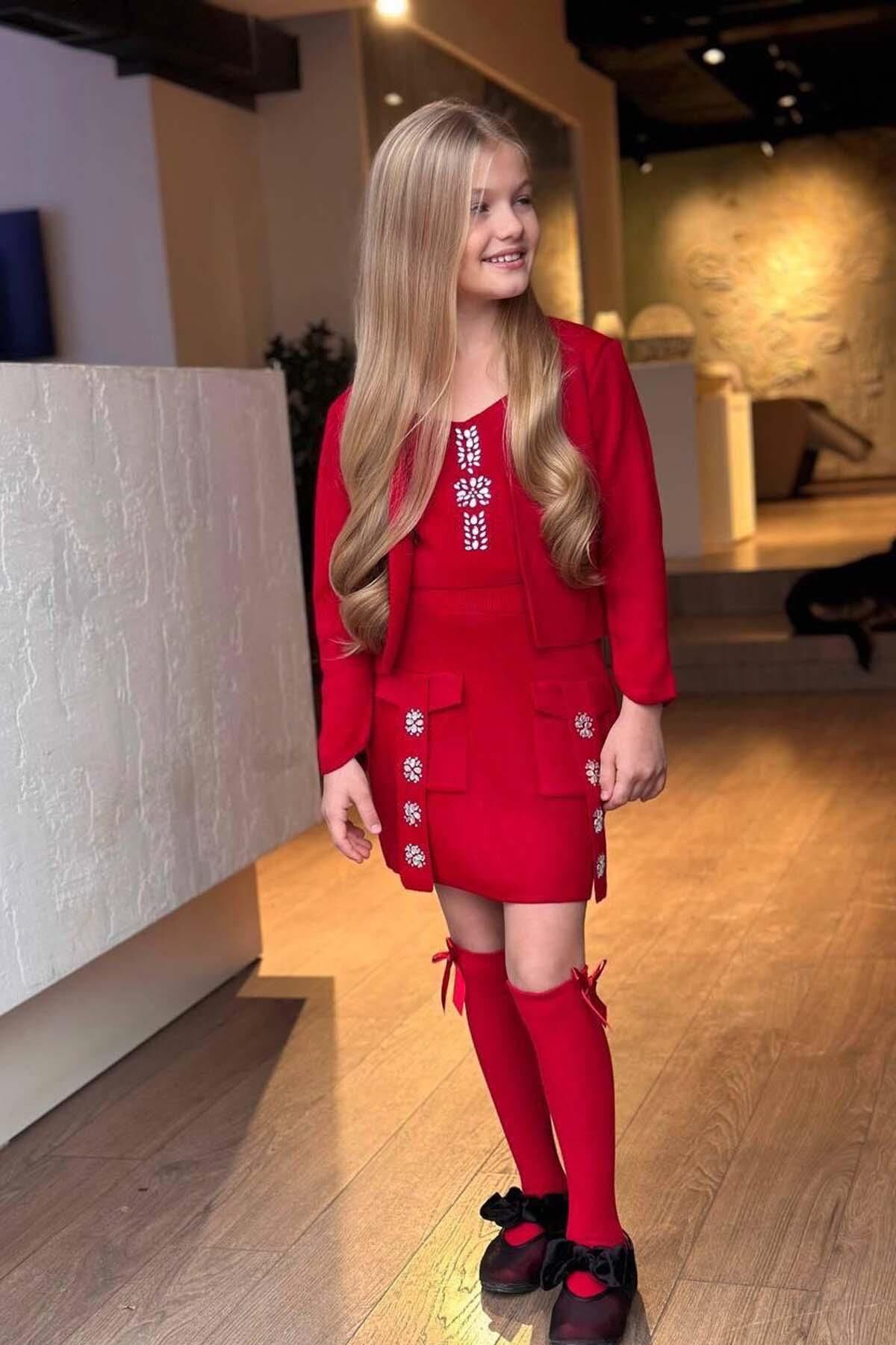 Kız Çocuk Askılı Bluz Hırka ve Elmas Taş İşlemeli Cepli Bordo Triko Etekli Takım