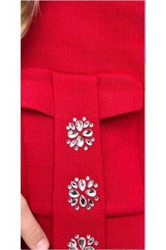 Kız Çocuk Askılı Bluz Hırka ve Elmas Taş İşlemeli Cepli Bordo Triko Etekli Takım