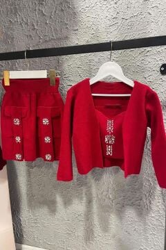 Kız Çocuk Askılı Bluz Hırka ve Elmas Taş İşlemeli Cepli Bordo Triko Etekli Takım