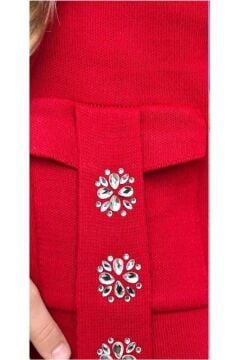 Kız Çocuk Askılı Bluz Hırka ve Elmas Taş İşlemeli Cepli Bordo Triko Etekli Takım