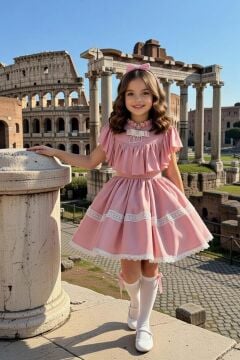 Kız Çocuk Göğsü ve Omuzları Fırfırlı Eteği Piliseli Dantel Şerit Detaylı Kolsuz Pembe Elbise