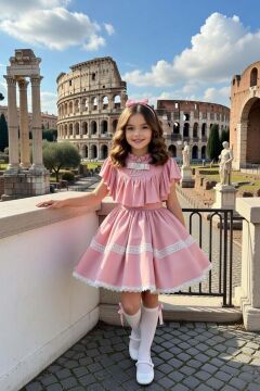 Kız Çocuk Göğsü ve Omuzları Fırfırlı Eteği Piliseli Dantel Şerit Detaylı Kolsuz Pembe Elbise