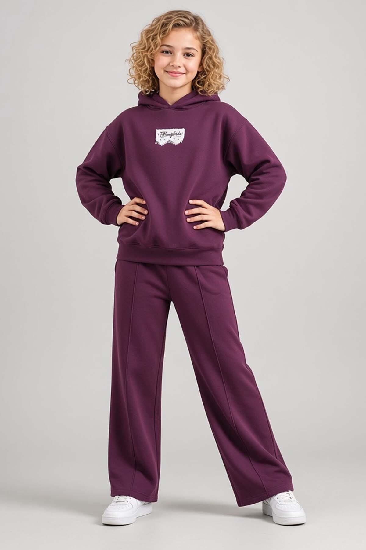 Kız Çocuk Üzeri Dantel Bonjour Yazı Detaylı Kapüşonlu Sweatshirt Bol Kesim Mürdüm Eşofman Takım