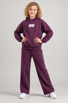 Kız Çocuk Üzeri Dantel Bonjour Yazı Detaylı Kapüşonlu Sweatshirt Bol Kesim Mürdüm Eşofman Takım