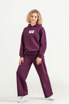 Kız Çocuk Üzeri Dantel Bonjour Yazı Detaylı Kapüşonlu Sweatshirt Bol Kesim Mürdüm Eşofman Takım