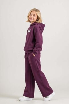 Kız Çocuk Üzeri Dantel Bonjour Yazı Detaylı Kapüşonlu Sweatshirt Bol Kesim Mürdüm Eşofman Takım