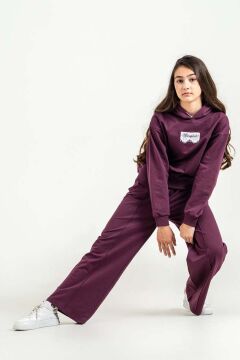 Kız Çocuk Üzeri Dantel Bonjour Yazı Detaylı Kapüşonlu Sweatshirt Bol Kesim Mürdüm Eşofman Takım
