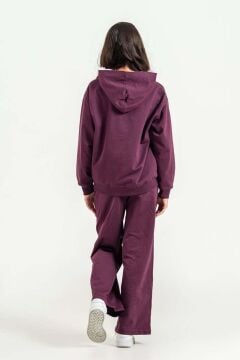 Kız Çocuk Üzeri Dantel Bonjour Yazı Detaylı Kapüşonlu Sweatshirt Bol Kesim Mürdüm Eşofman Takım