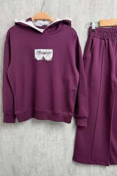 Kız Çocuk Üzeri Dantel Bonjour Yazı Detaylı Kapüşonlu Sweatshirt Bol Kesim Mürdüm Eşofman Takım