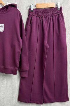 Kız Çocuk Üzeri Dantel Bonjour Yazı Detaylı Kapüşonlu Sweatshirt Bol Kesim Mürdüm Eşofman Takım