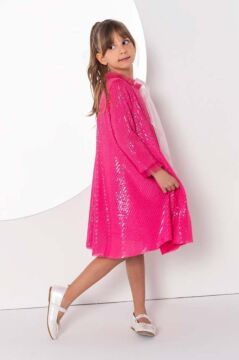 Kız Çocuk Yakası Tüllü Boydan Pulpayet İşlemeli Omuzu Fiyonk Detaylı Fuşya Elbise