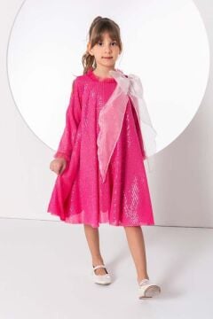 Kız Çocuk Yakası Tüllü Boydan Pulpayet İşlemeli Omuzu Fiyonk Detaylı Fuşya Elbise
