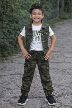 Erkek Çocuk Kolsuz Jean Ceket Never Yazı Detaylı T-Shirt Karo Cepli Kamuflaj Desenli Alt Üst Takım